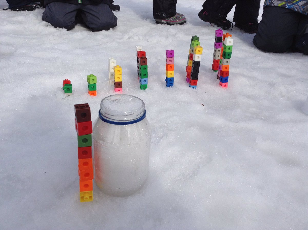 jessbearinger's tweet photo. A jar of snow is 8 snap cubes tall. When the snow melts, will the water level be the same amount? Our estimations are represented in snapcubes. #statesofmatter #volume #estimation #measurement @dpkwrdsb https://t.co/PTYySQCFm6