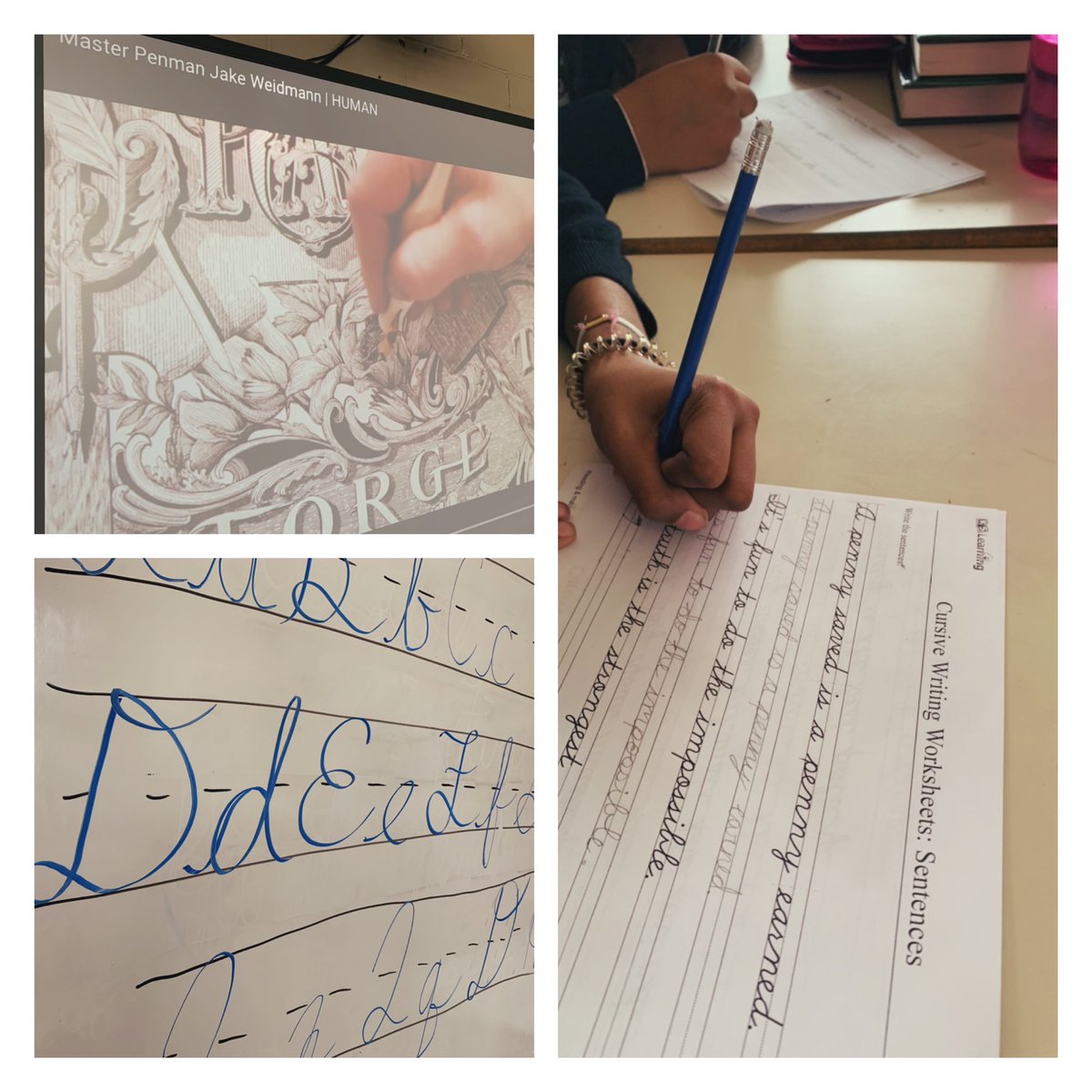 MsVilladsen's tweet photo. Learning from Master Penman @JakeWeidmann, grade 7s are learning to wield their pens more masterfully and take pride in their writing #learning #practicemakesperfect #lostartforms https://t.co/ZClw0oGa0N