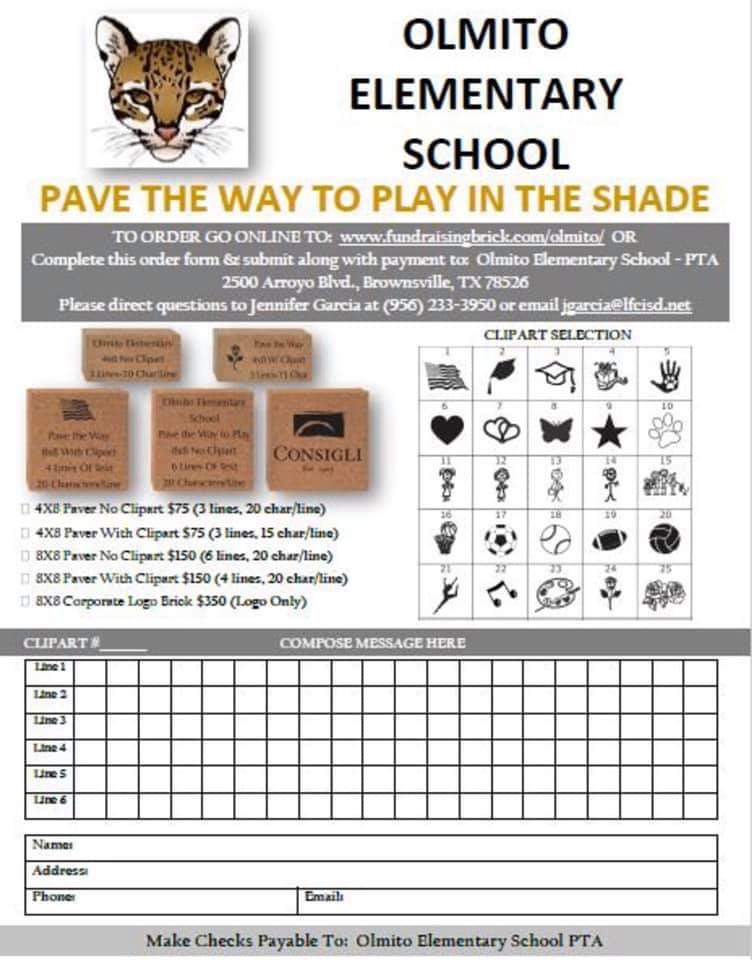 OES_Ocelots's tweet photo. Buy a legacy brick to: honor your child, grandchild, remember a loved one, honor a classmate, or promote your business.These bricks will be part of a beautiful “Legacy Area” by the front entrance of our school. Leave your legacy and help little Ocelots play in the shade! 🐾🧱 https://t.co/VMr7QnLFQD