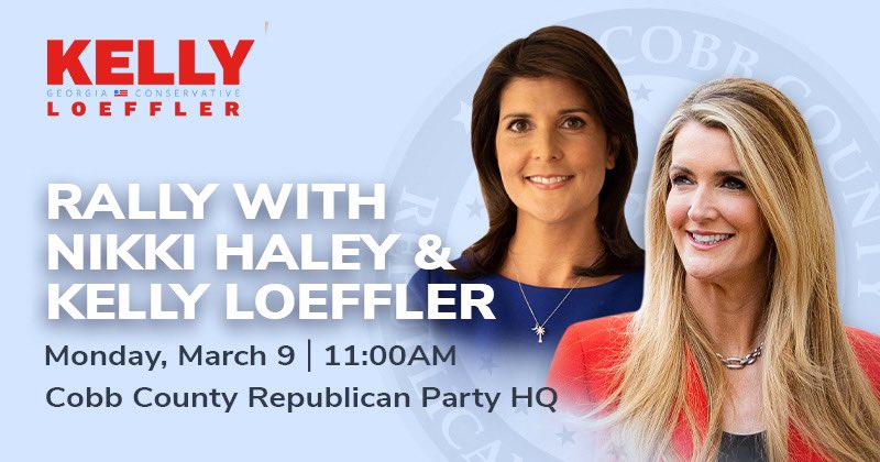 NikkiHaley's tweet photo. Excited to travel to my sister state of Georgia and endorse @kloeffler! Come on out and join us in Atlanta. ❤️🇺🇸 RSVP at: 

https://t.co/RT1p5SF07h https://t.co/HIKeBuzU3S