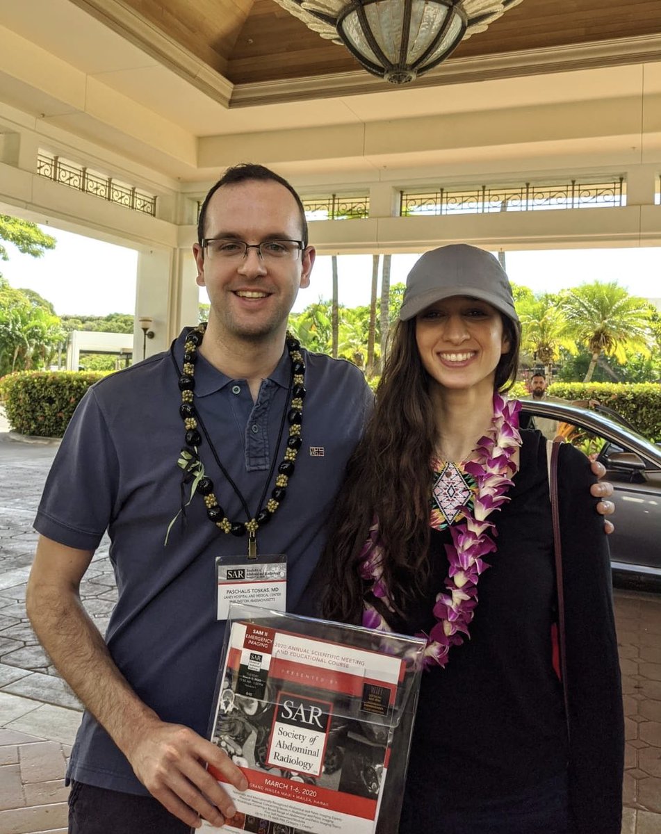 LaheyRadiology's tweet photo. Lahey #RadRes Drs. Sarah Ali and Paschalis Toskas greeted at SAR Annual Meeting the Hawaiian way! Scroll through their exhibits #165 and #62 respectively! #LaheyRad #SAR20 #SAR_RFS #SocAbdRadiogy @SAR_RFS @SocAbdRadiology @SarahAliMD https://t.co/Me9gmuLr08