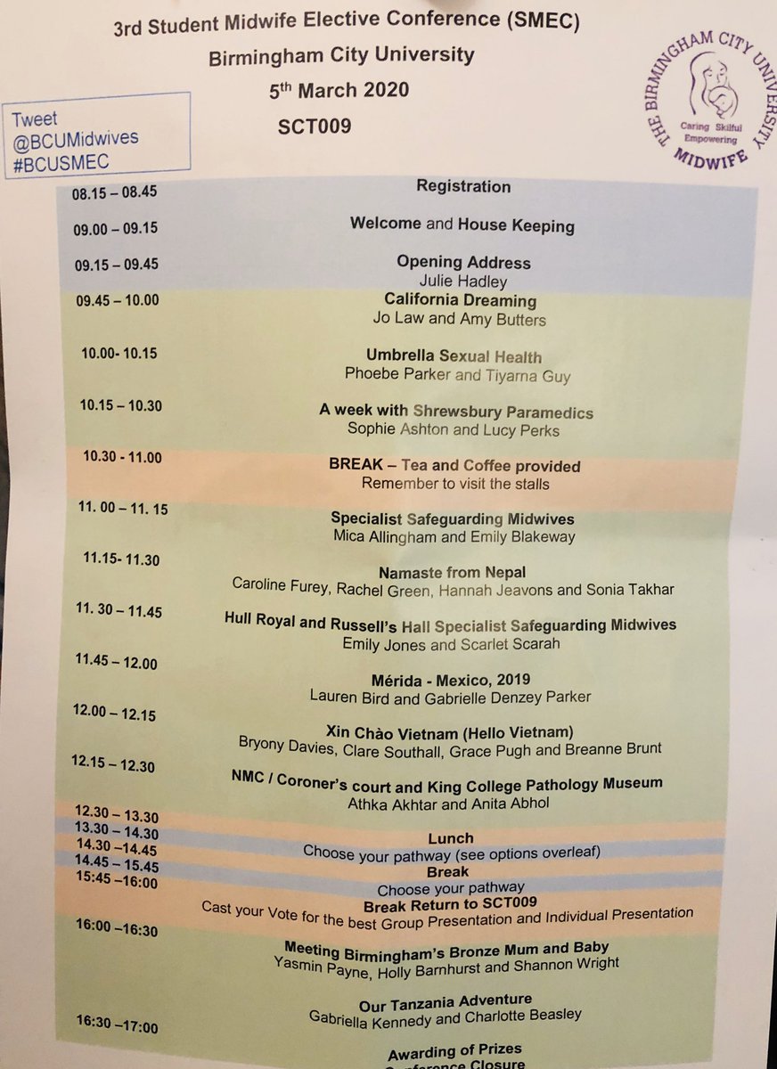 SHARONHADLEY1's tweet photo. All ready for our 3rd Student Midwife Elective Conference #BCUSMEC Programme ready โ
Student speakers โ
Raffle prizes ready โ
looking forward to an exciting day ๐ sharing student stories of elective placement opportunities @BCUMidwives @BCUMidSoc @BCUHELS https://t.co/AKNWfKQ5AL
