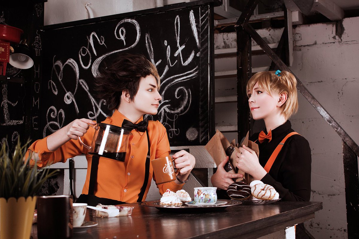 Koganoah's tweet photo. [ Haikyuu!! Coffeeshop!AU ]

Me as Nishinoya Yuu 
@Aronioro as Hitoka Yachi 💛

Ph @bertranblack ❤️

Help @Gintonyyan &amp; @sanya_crimson ✨

#Haikyuu #Haikyuucosplay #coffeeshopau #coffeeshop https://t.co/Y470aEkLpY