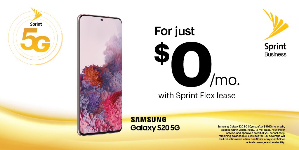 The next generation of Galaxy is here and it’s 5G ready!

Business owners, the next generation of Galaxy is here and it’s 5G ready! Switch your business to Sprint and for a limited time, pre-order the new Samsung Galaxy S20 5G for just $0/mo. on a Sprint Flex lease.