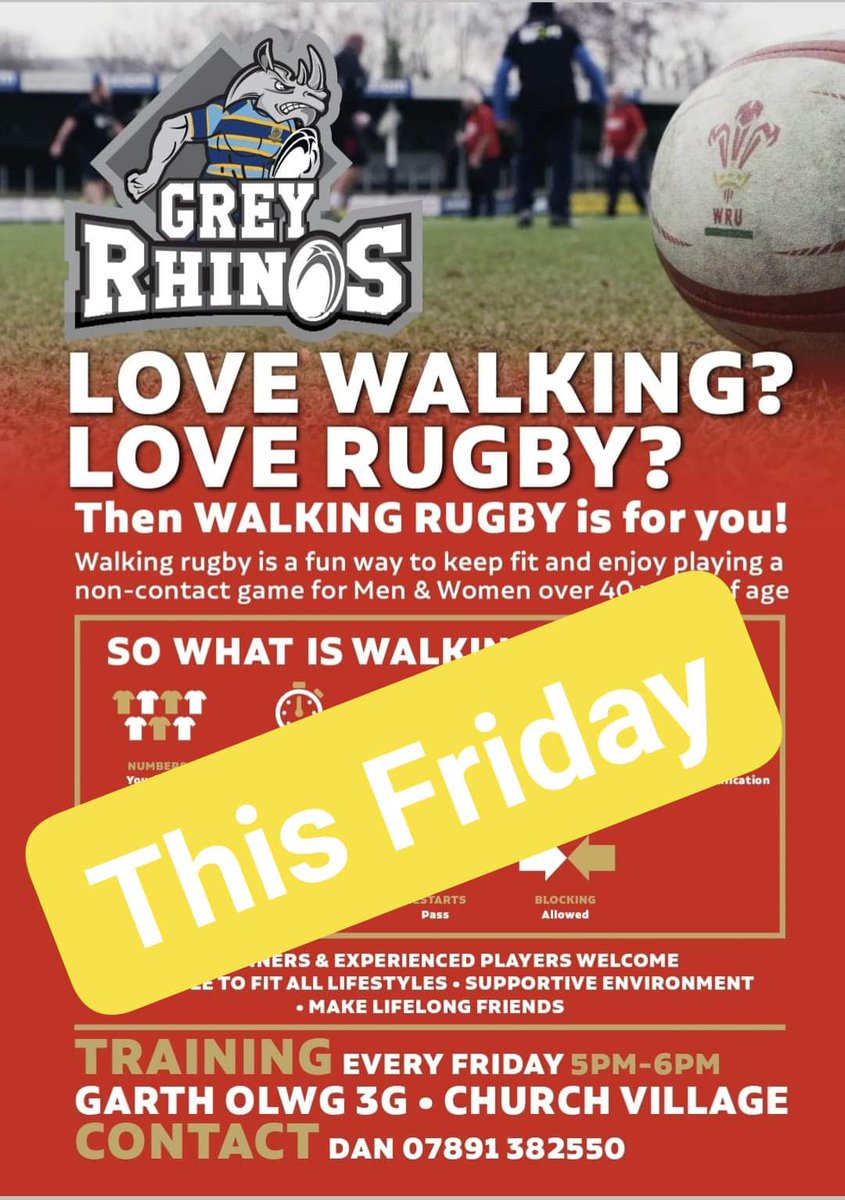 LlantwitRFC's tweet photo. Our first Grey Rhinos Walking Rugby session: 5-6pm Friday at Garth Olwg 3G π¦. Absolutely free and no previous rugby experience necessary (previous walking experience is desirable πΆββοΈπΆββοΈ) Open to all ages/fitness levels. No specialist kit - just something comfortable to walk in. https://t.co/742bujcjtn