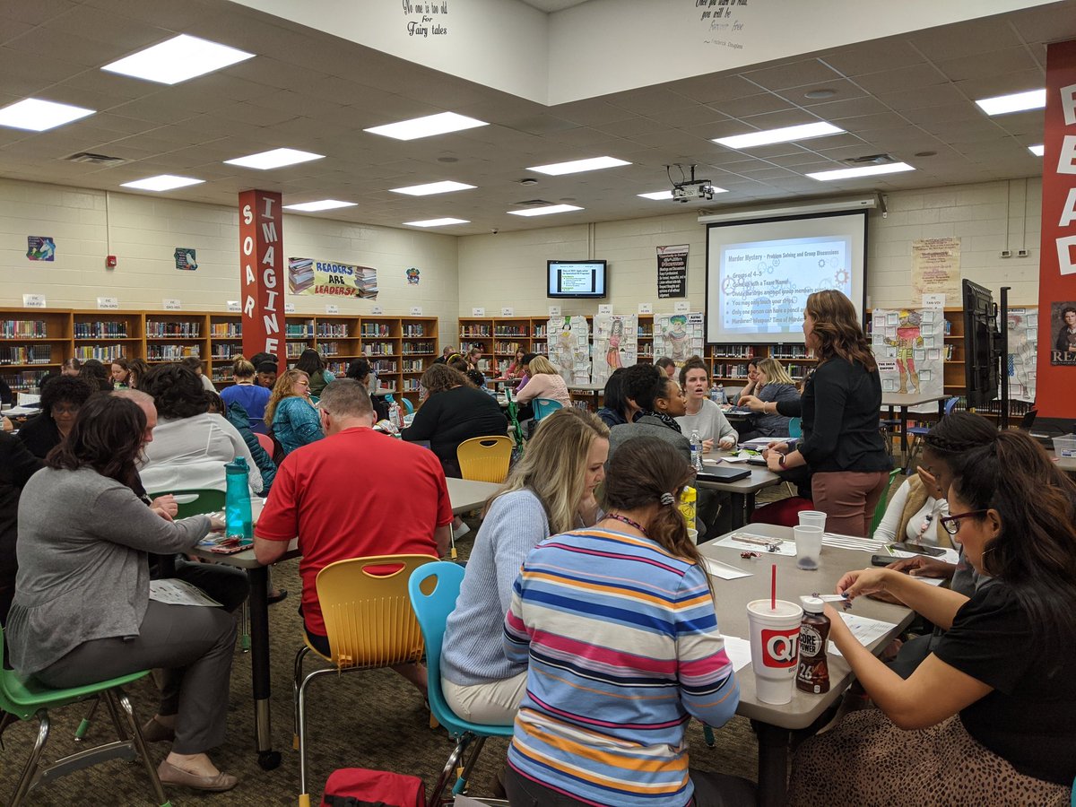 HSAMonroeMiddle's tweet photo. HSA Faculty honing problem solving skills with Murder Mystery Meeting scenarios! Engagement is on fire to solve it! #EmpowerED #ProblemSolvers Thank you @MsMiller311 for leading! #RedhawksSoaring | @AGHoulihan @UCPS_MonroeNC https://t.co/vQJTk250TB