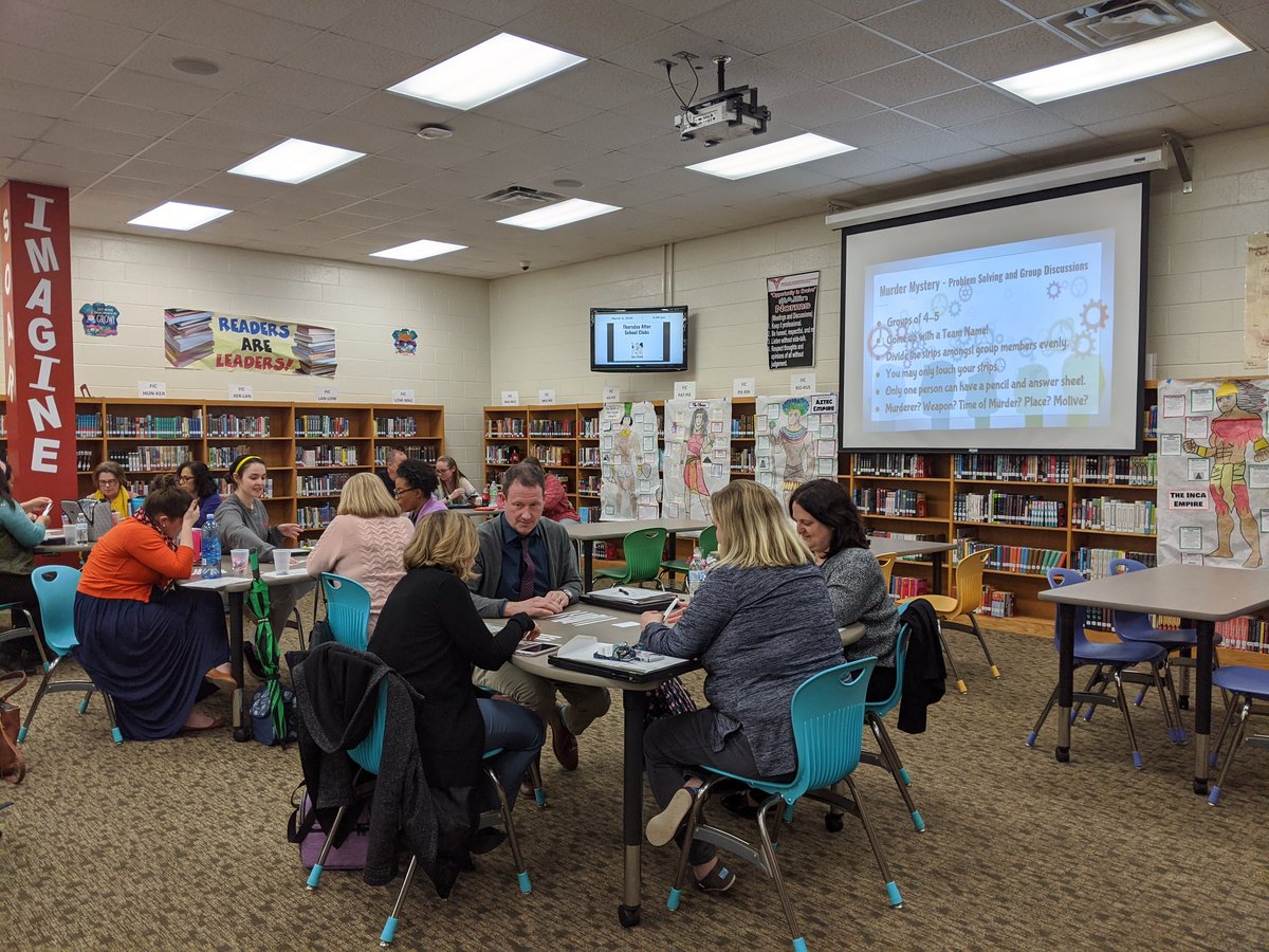 HSAMonroeMiddle's tweet photo. HSA Faculty honing problem solving skills with Murder Mystery Meeting scenarios! Engagement is on fire to solve it! #EmpowerED #ProblemSolvers Thank you @MsMiller311 for leading! #RedhawksSoaring | @AGHoulihan @UCPS_MonroeNC https://t.co/vQJTk250TB