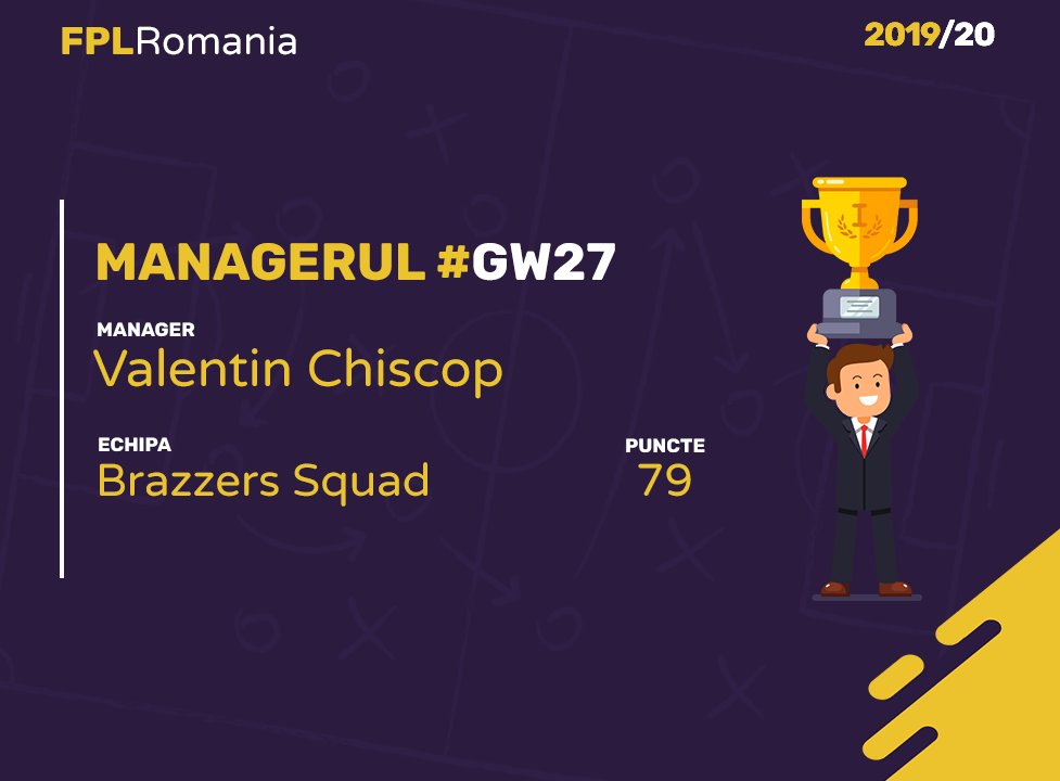 FPLRomania's tweet photo. Managerul #GW27 este Valentin Chiscop. Echipa condusa de el,Brazzers Squad, a adunat 79 de puncte.
Un wildcard bine folosit! Felicitari!
p.s. scuze, suntem foarte uituci in ultima vreme :) 
#FPLRO #FPLRomania #FPLCommunity #FPL https://t.co/XWvpnTl4Lt