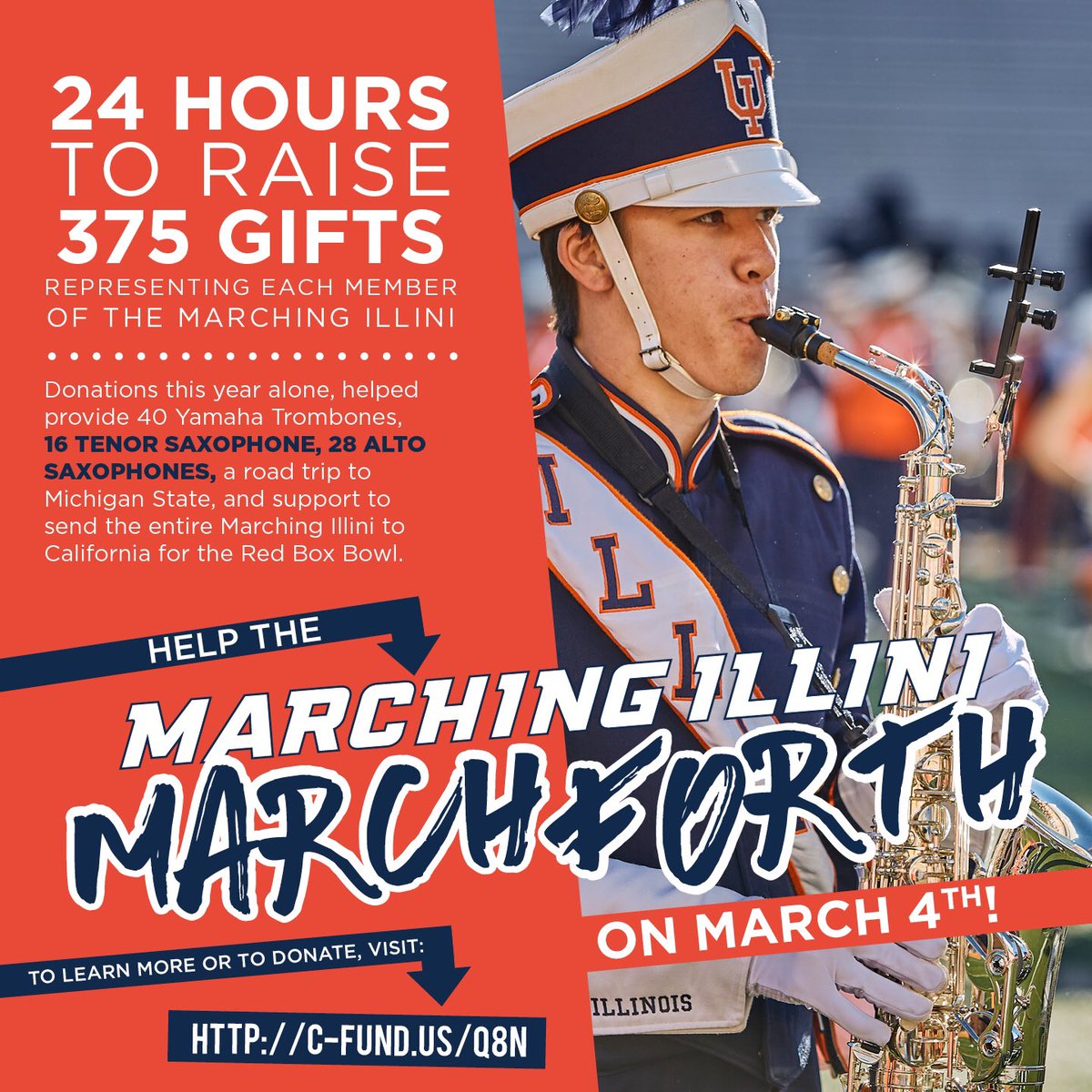 MarchingIllini's tweet photo. Due to donor gifts, we were able to purchase 28 @YamahaMusicUSA alto saxophones &amp; 16 tenor saxophones for our @MISaxophones 

Your gift &amp; generosity matters! Consider helping the Marching Illini march forth on March 4th.
#MImarchforth
 
https://t.co/oAgw4EGzuT https://t.co/qcANSueYEm