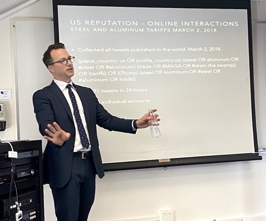 PublicDiplomacy's tweet photo. Computational methods offer opportunities for objective research, says @jcboucher1. This has guided his research exploring the U.S.’ reputation after its decision to raise steel and aluminum tariffs in March 2018.
#ascj #CPDEngage #MachineLearning https://t.co/n7ogsyOC50