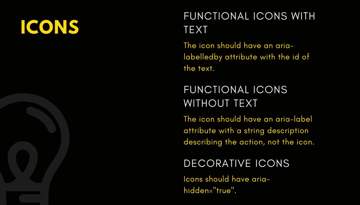 EmmaBostian's tweet image. I put together a small presentation for my devs at work about simple web accessibility tips! 

If you find a discrepancy, please let me know! I&apos;m still learning too :)

You can view the full slide deck here: canva.com/design/DAD1l1r…