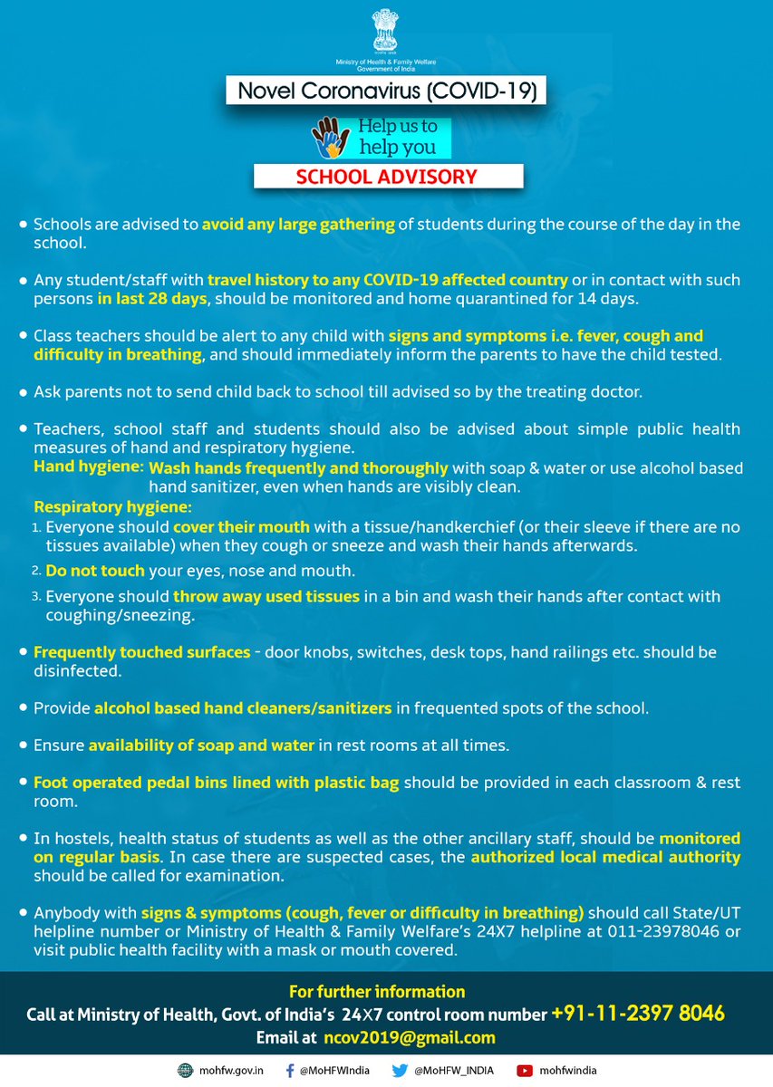 DrRPNishank's tweet image. #CoronaVirusUpdate

@MoHFW_INDIA issues advisory for schools  on #coronavirus.
 
#CoronavirusOutbreak #COVID19india #coronavirusinindia