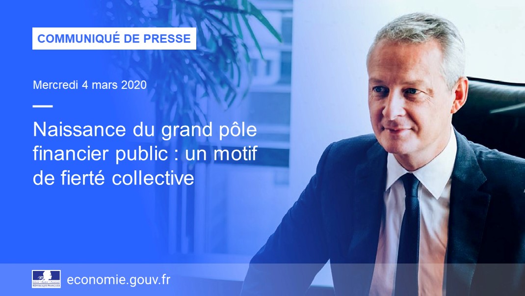 Economie_Gouv's tweet photo. 🔵@BrunoLeMaire se réjouit que les opérations relatives à la constitution du grand pôle financier public aient été réalisées. Ce nouvel ensemble va mobiliser sa capacité d’action au service de l’intérêt général et du développement des territoires 👉 https://t.co/9A2Utba5Lk #PACTE https://t.co/0Q3Rf8vcS7