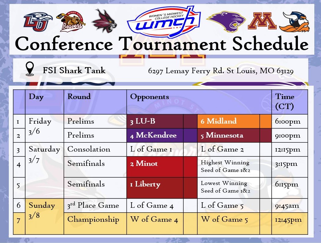 With the ACHA rankings out, our conference tournament seeding and schedule is official! The battle for the first WMCH Conference Champion begins Friday at 6:00pm!