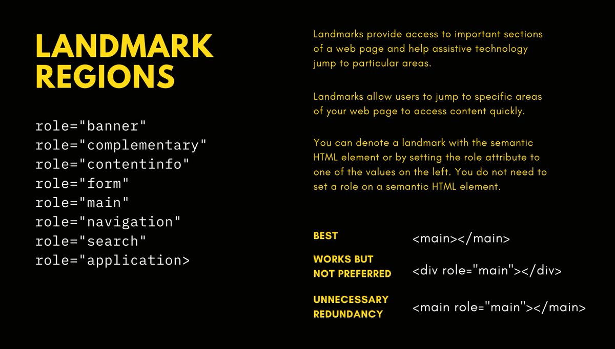 EmmaBostian's tweet image. I put together a small presentation for my devs at work about simple web accessibility tips! 

If you find a discrepancy, please let me know! I&apos;m still learning too :)

You can view the full slide deck here: canva.com/design/DAD1l1r…