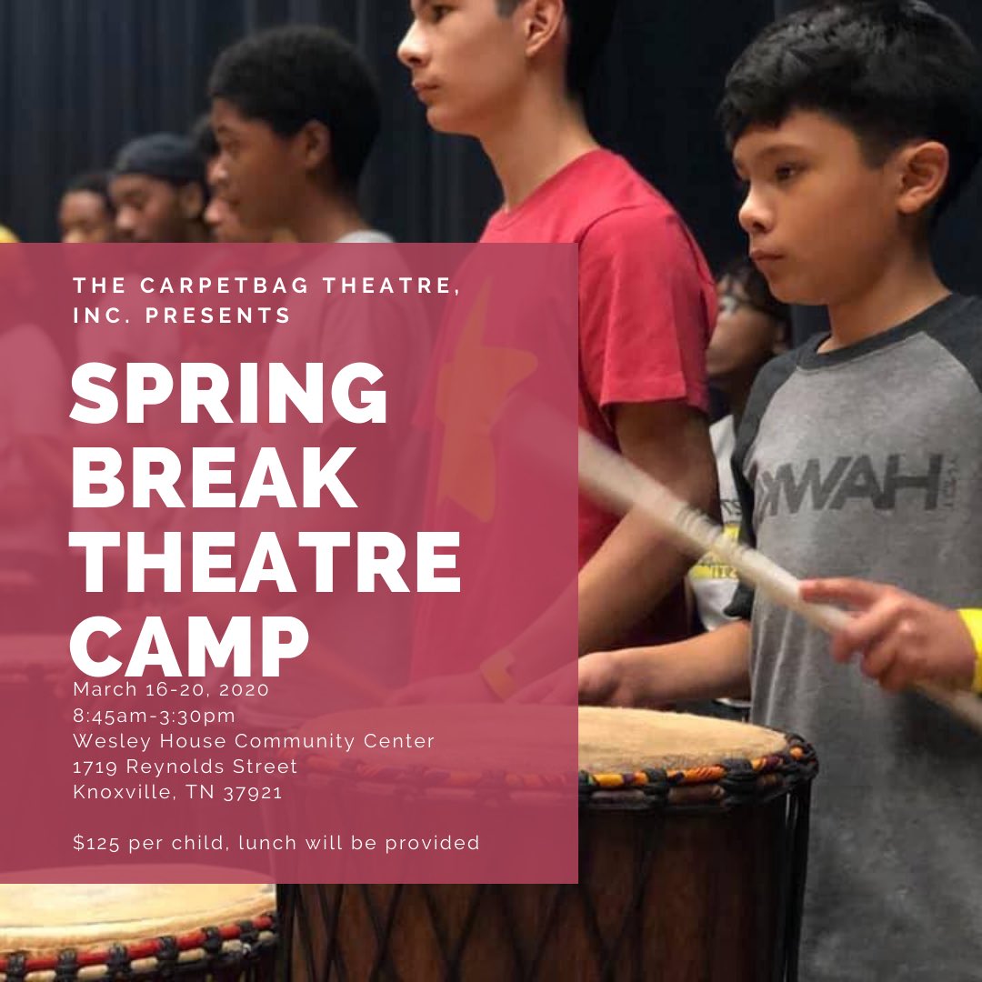 Just 3 slots left for our Spring Break Theatre Festival!!! Register TODAY to claim your child’s spot!! •
•
#carpetbagis50 #youth #springbreak #knoxrocks #visitknoxville