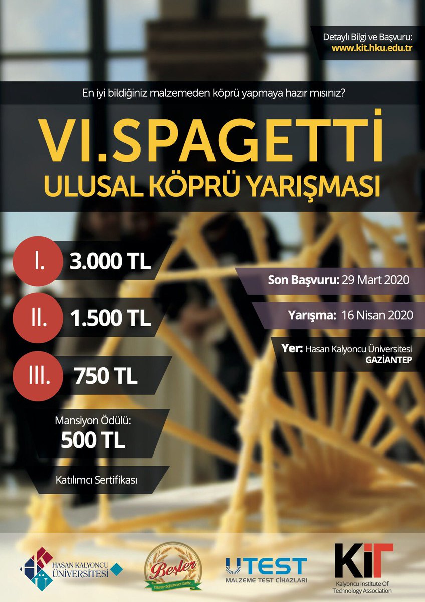 hku_kit's tweet photo. Her yıl 30’un üzerinde üniversitenin temsil edildiği VI. Ulusal Spagetti Köprü Yarışması heyacanı başladı.Takımını kur, bu heyacana sende katıl 💪
Başvuru ve teknik şartname: 
https://t.co/6gVHeDEge5
@ockalyoncu @Halukkalyoncu @edibesozen @HKUEng https://t.co/KmjDCVQp59