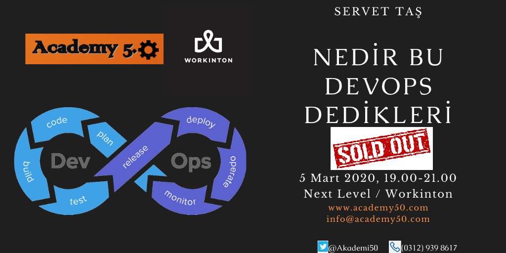 Yarın Next Level Workinton'da yapılacak #DevOps seminerimize talep beklentimizin çok üzerinde oldu. Kayıt yaptıran tüm katılımcılara teşekkür ediyoruz. Saat 19.00'da görüşmek üzere.  #çevik #agile #seminer

Web adresimiz: academy50.com
Bilgi: info@academy50.com