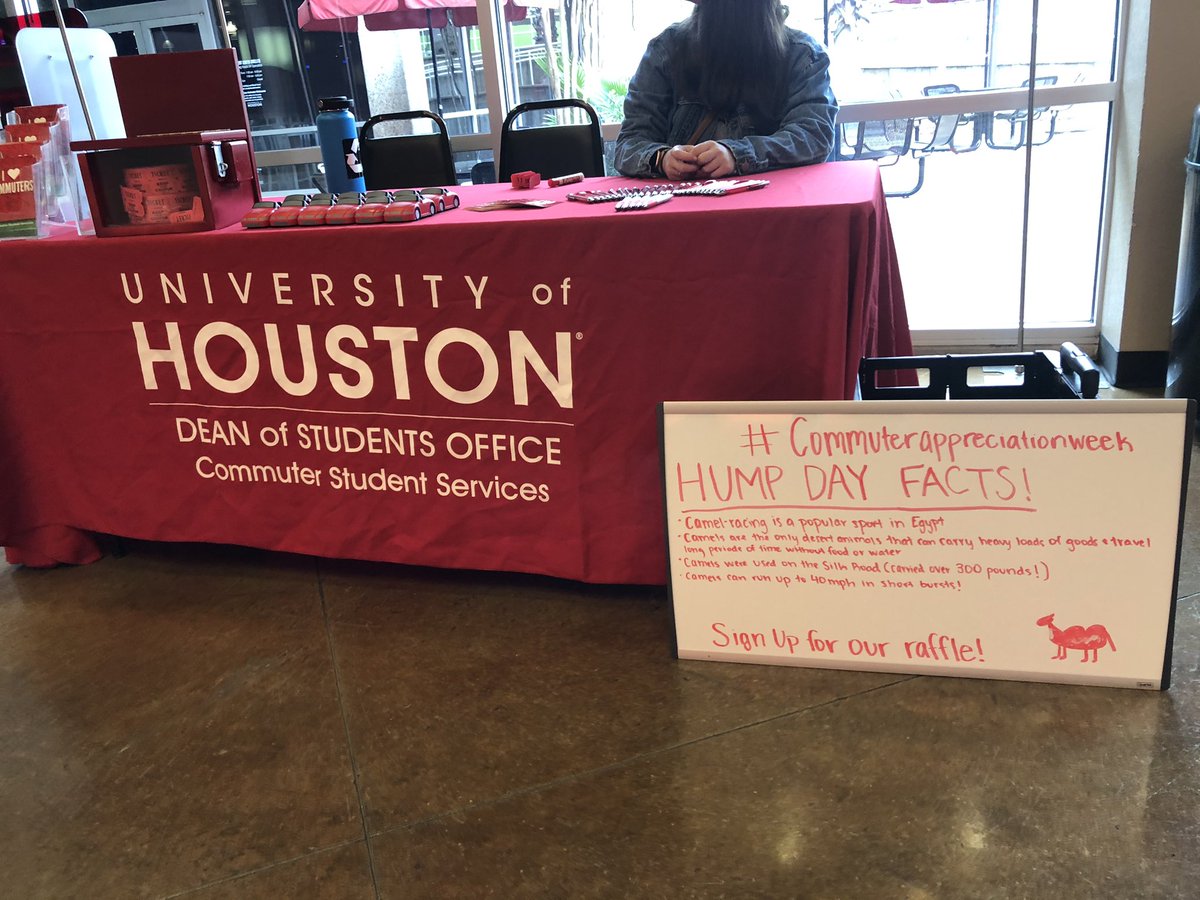 UHCommuterServ's tweet photo. Hey commuters! Come learn some cool camel facts🐫 & sign up for our raffle on Friday!!!
#CommuterAppreciationWeek https://t.co/ZDU2Nj9kwO