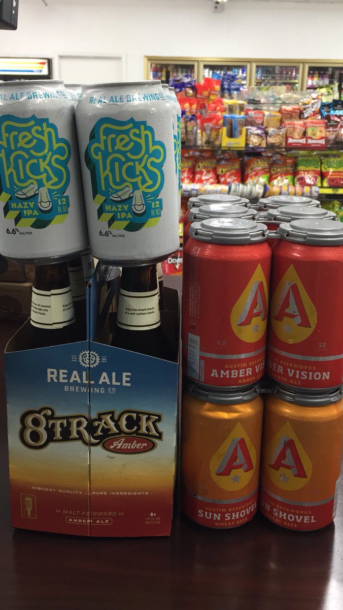 Just in 
Real Ale fresh kicks Hazy ipa &amp; 8  Track Amber <a href="/RealAleBrewing/">Real Ale Brewing Co.</a> 
Austin Beerworks Sun Shovel &amp; Amber vision <a href="/AustinBeerworks/">Austin Beerworks 🪙</a>