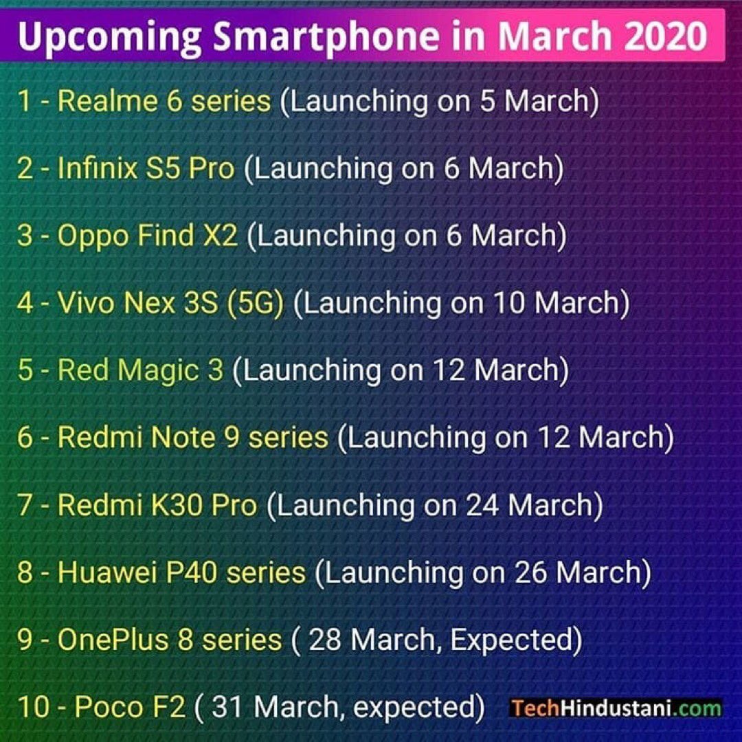 GadgetGlyphs's tweet photo. Upcoming Smartphone In March🔥
.
Credit @TechHindustani
.
#realme6series #realme6 #realme6pro #oppofindx2 #infinixs5pro #vivonex3s #redmagic3 #redminote9 #redminote9pro #redmik30pro #huaweip40 #oneplus8 #oneplus8pro #pocof2 #pocox2 #pocof1 #oneplus7 #oneplus7pro #oneplus7 https://t.co/PEFHwtNzib