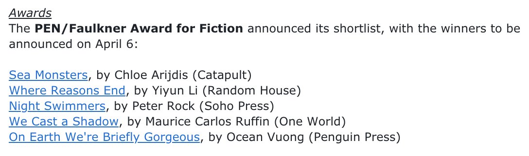 WordsMadeBette1's tweet photo. Congrats to all those on the PEN/Faulkner shortlist! https://t.co/uHcpdf4Y0c