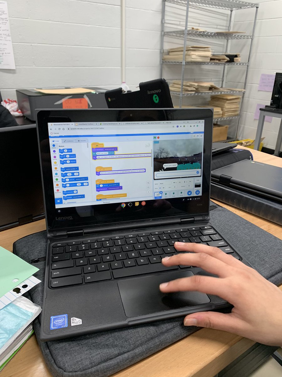 emilymariehurst's tweet photo. Student using #scratch to develop an educational video game to make Ross’s Landing more fun for kids. This #inVentReality project has been seriously pushing my understanding of  coding. https://t.co/sWXR2raglx