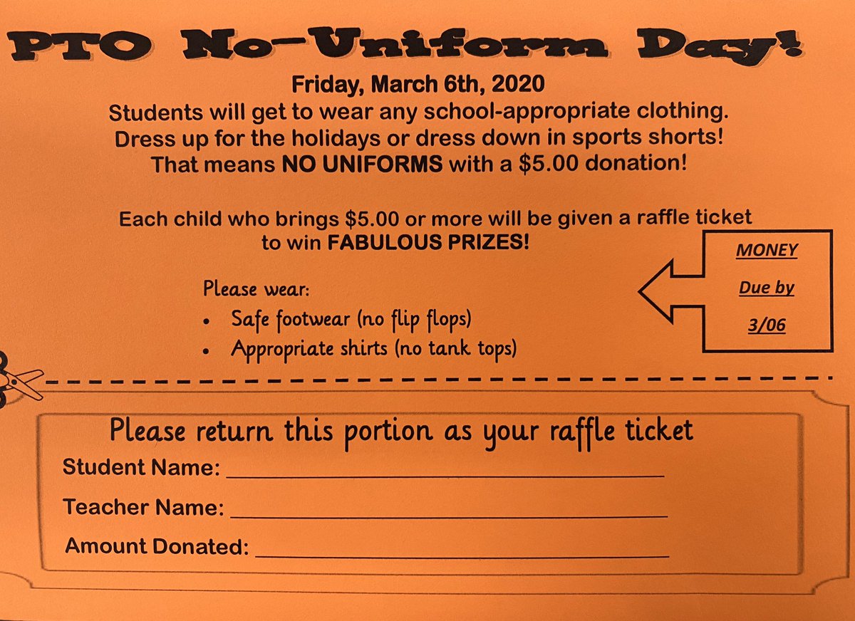 PoincianaCCPS's tweet photo. Pelicans...don’t forget to return your slips with a $5 donation for our PTO No Uniform Day! Wear your spring finest, get sporty with a jersey, or just wear jeans on Friday, March 6th. #ItOnlyTakesASpark #PESPTO #ThanksForYourSupport https://t.co/Fde33QR9gG
