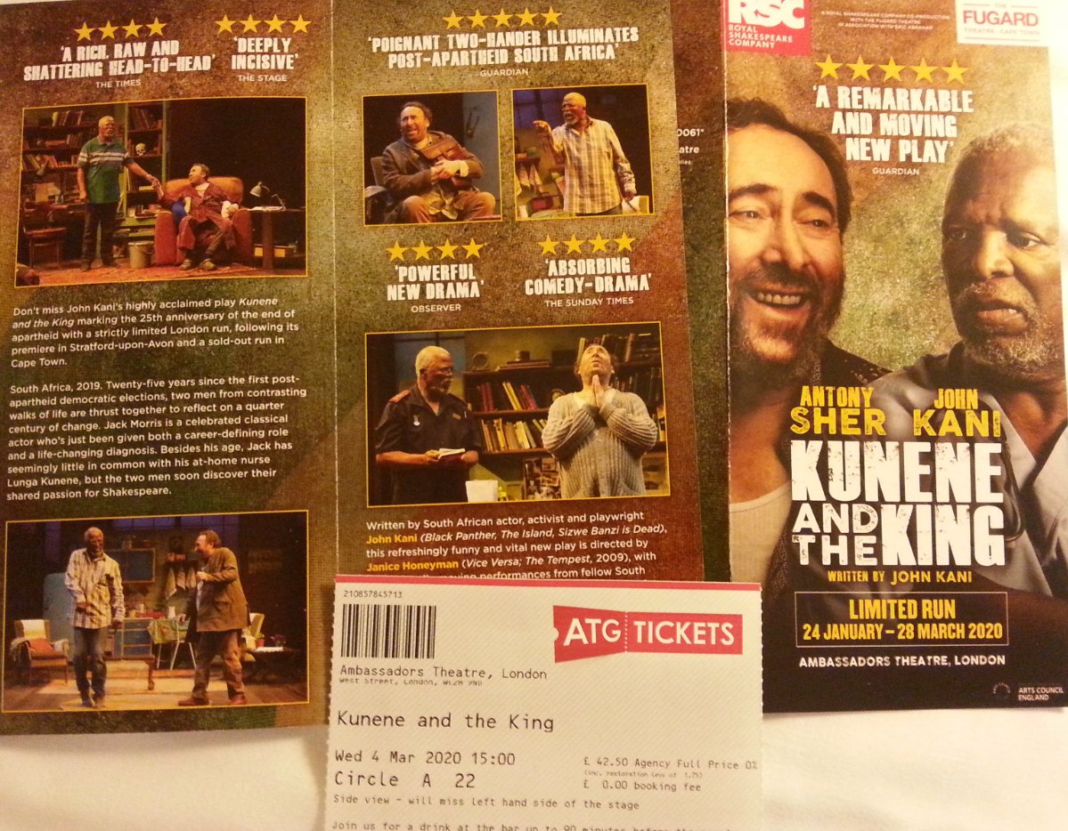 BrigitteUhrmann's tweet photo. Thank God and @TheRSC for the transfer of #RSCKunene. I so enjoyed this bitter-sweet confrontation between #SirAntonySher and #JohnKani in Kani's play, covering life and death, cancer, politics, prejudice, apartheid, arrogance, kindness and a lot of ♡ King Lear. Captivating. https://t.co/IneMOv01TG