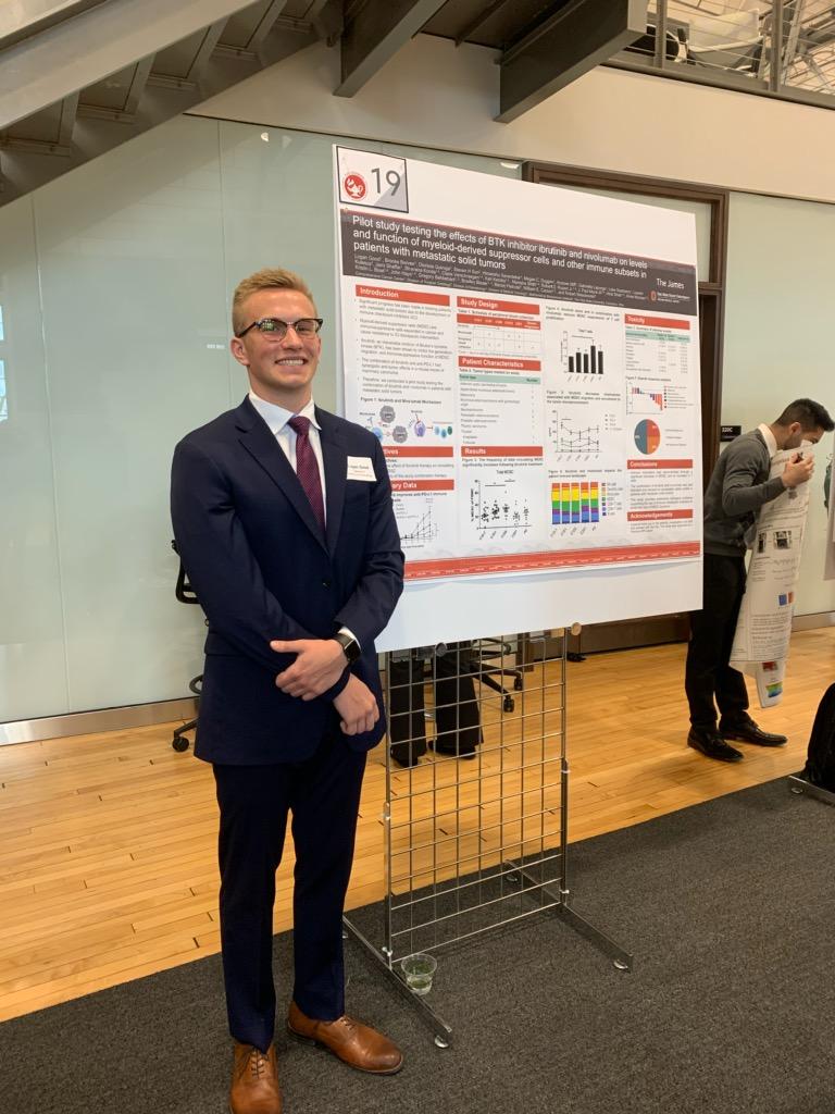 CarsonLabOSU's tweet photo. Logan Good did a super job representing the Carson Lab at the OSU Denman Undergraduate Research Forum.  He presented on an ibrutinib and nivolumab clinical trial for patients with metastatic solid tumors. Thanks Logan!
@OSUWexMed @OSUCCC_James 
#CancerResearch #carsonlabrocks https://t.co/s0Pfe43QuI