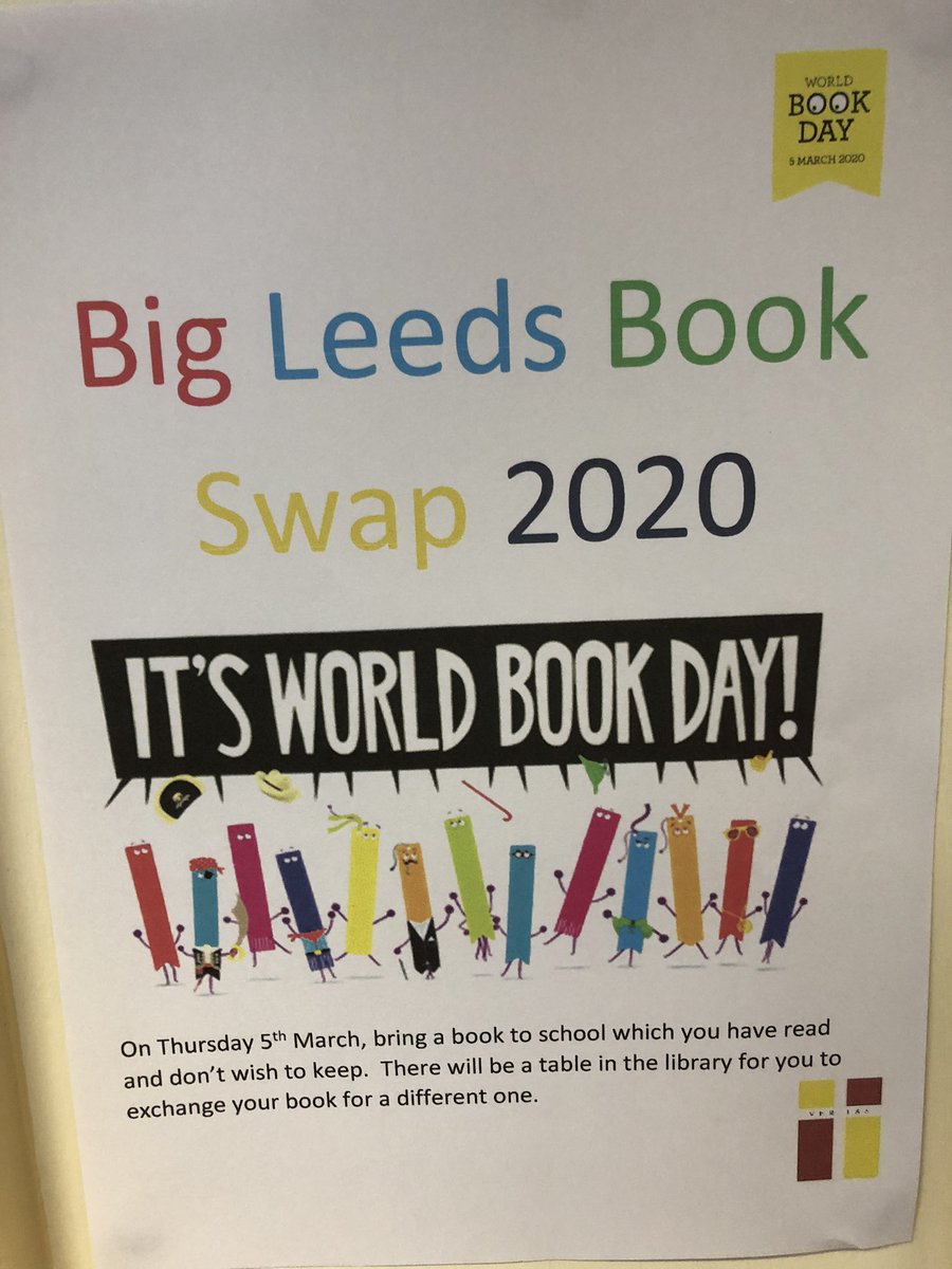 CHCHSLeedsLib's tweet photo. Don’t forget to bring a book to school tomorrow for our #bigbookswap on #WBD2020 - there will also be quizzes and activities in school to celebrate reading for pleasure #WorldBookDay #Leedslovesreading @LeedsSLS @LeedsYOR @WorldBookDayUK https://t.co/kfJGz9i51w