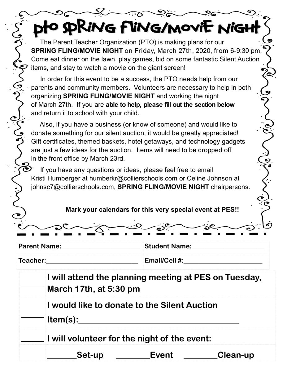 PoincianaCCPS's tweet photo. PTO Spring Fling and Movie Night will take place on Friday, March 27th, from 6-9:30 pm.  We are looking for donations for our Silent Auction.  If you would like to donate, please contact the school!  #ItOnlyTakesASpark #PESPTO #ThanksForYourSupport https://t.co/JxMCxIg61E
