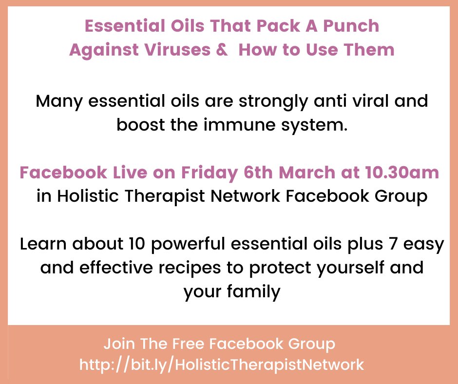 EssentialsHolis's tweet photo. Learn how #essentialoils can help protect against #viruses. Free Facebook Live on Friday 6th March at 10.30 am #aromatherapycourse
https://t.co/CaevXr7kyZ https://t.co/zEWnZAGN7G