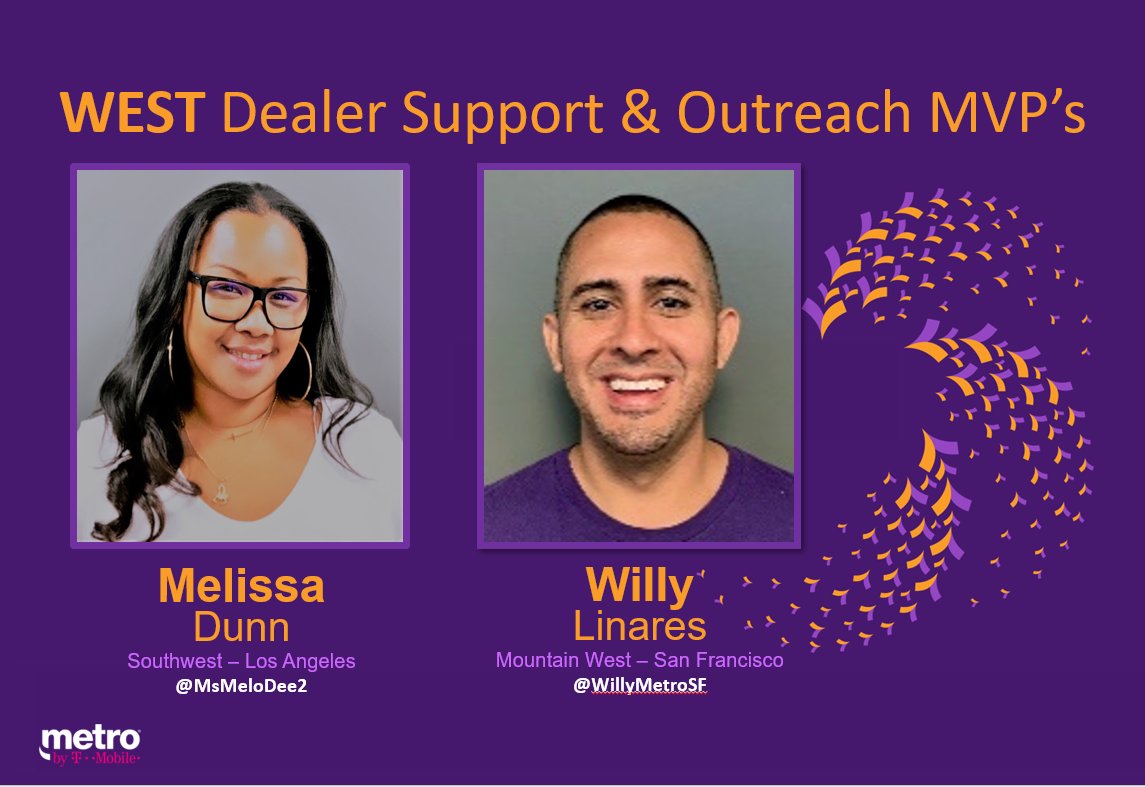 SteveGerevas's tweet photo. Hey West Region! Check out our Metro Dealer Support &amp; Outreach MVP's Melissa Dunn and Willy Linares! Thank you for all that you do to support the field. Congrats!🙌💜👍 @MsMeloDee2 @WillyMetroSF #WESTisBEST #AreYouWithUs https://t.co/9vn1HFVd6z