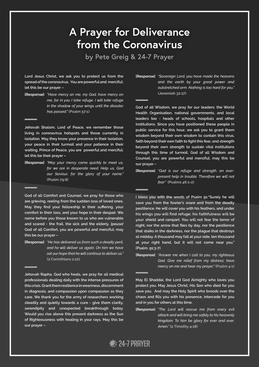 247prayer's tweet photo. With coronavirus dominating headlines around the world, it can be easy to feel overwhelmed and easy to feel afraid. So as we look to refocus on God, @PeteGreig has penned a short prayer of deliverance.

Download the slides here: https://t.co/YghsvgQziu https://t.co/eUuqvbVZPP