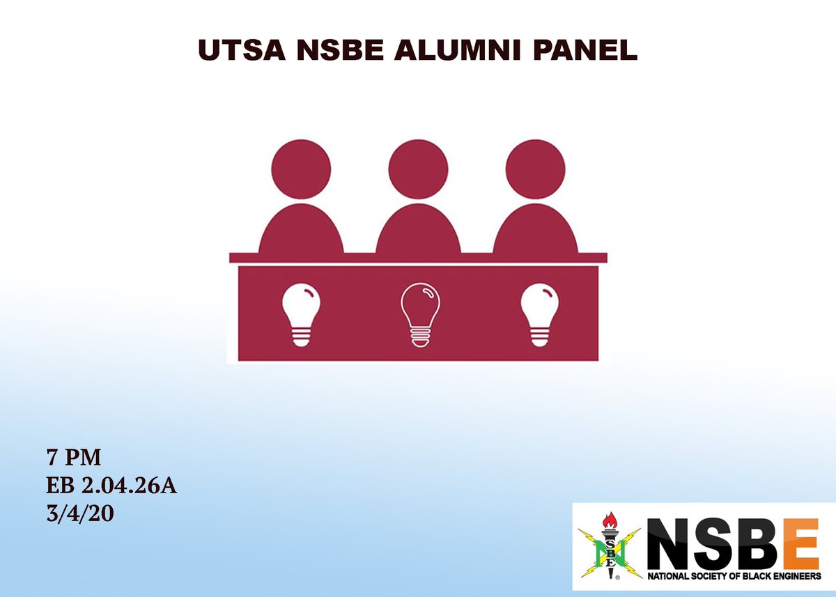 UTSANSBE's tweet photo. Happy hump day! NSBE week continues with the Alumni Panel. Come grasp some knowledge from people that have been in your position, and are where we want to be! #nsbeweek #engineeringtherevolution #blackengineers #fivedeep https://t.co/t2FYLDrhOk