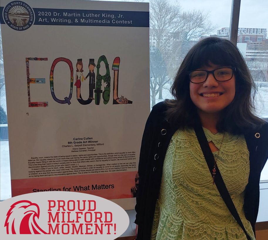 PROUD MILFORD MOMENT! Each year, the Ohio Civil Rights Commission hosts a contest to honor the legacy of Dr. Martin Luther King, Jr. - Corina's drawing won! She is a sixth grader at Seipelt. We are proud of her work toward creating an environment that promotes equity for all.