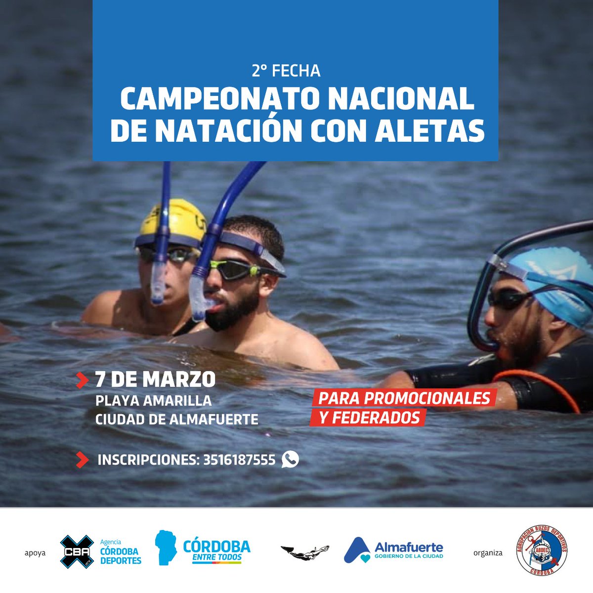 DeportesCba's tweet photo. #CBAX🏊♂️Llega a Córdoba la Natación con Aletas
El próximo sábado📅, la "Playa Amarilla" de Almafuerte será sede de la segunda fecha del 🇦🇷 Campeonato Nacional de Natación con Aletas https://t.co/BEsZGh9GyA
