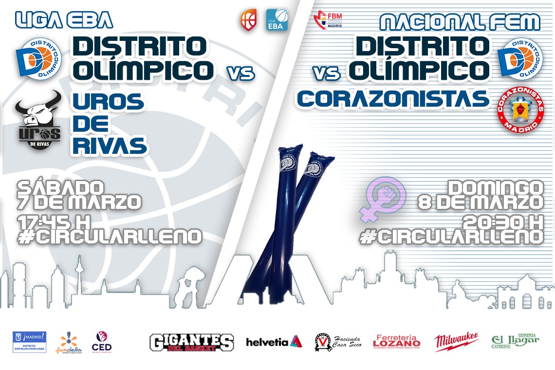 DistritOlimpico's tweet photo. Dos partidazos en un finde de doblete! Nos necesitan! #familiaDO
🗓️Sábado 07/03/2020
📍 #circularlleno
🕣 17:45
📌 #EBA
🤾♂️ @DistritOlimpico vs @UrosDeRivas
🗓️Domingo 08/03/2020
📍 #circularlleno
🕣 20:30
📌 #NacFem
🤾♀️ @DistritOlimpico vs @CorasBasket
#feelDO #ValoresDO https://t.co/Vhxik5IyII