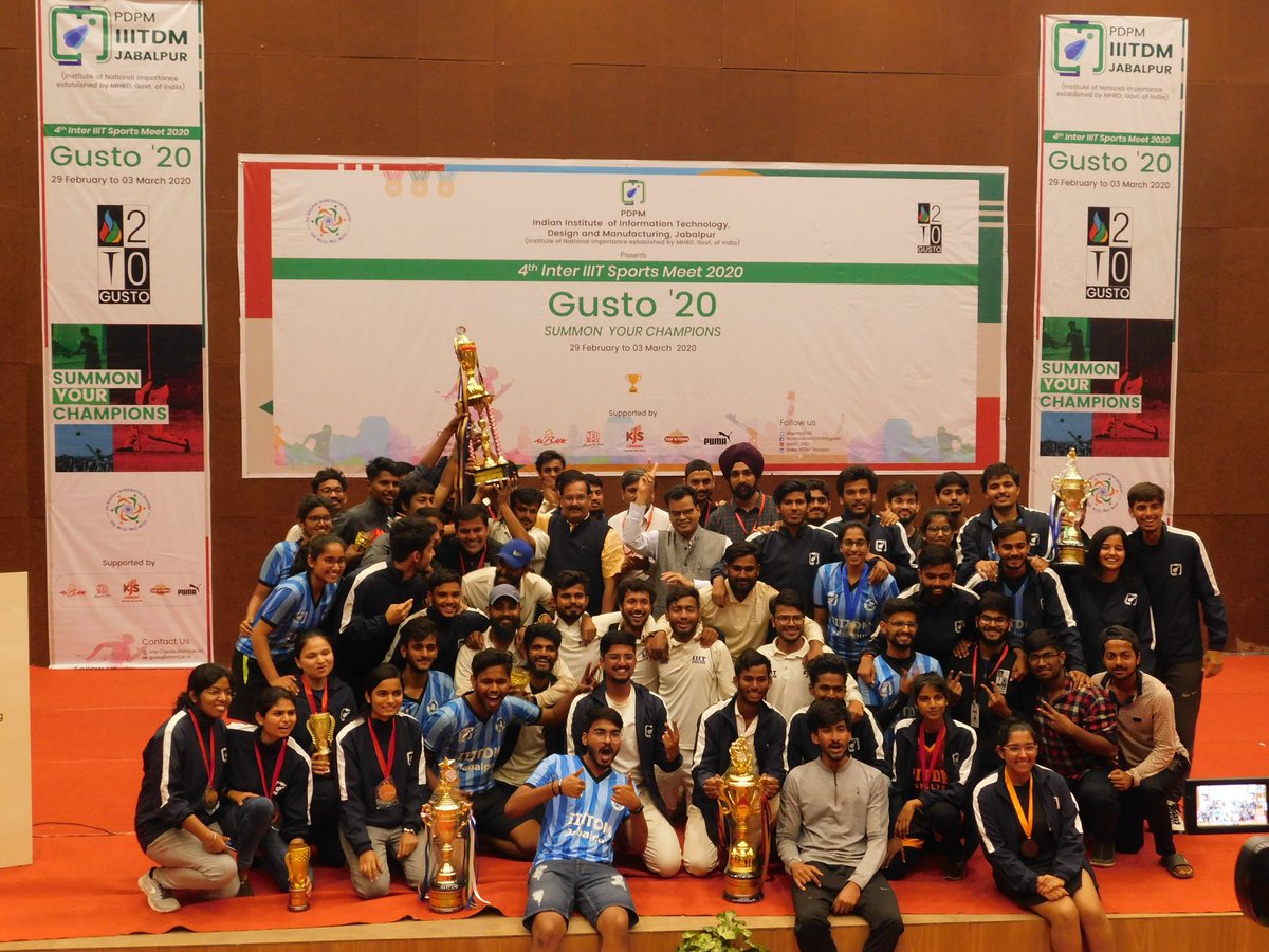 gusto_2020's tweet photo. Ladies and Gentlemen here we announce the most deserving overall winner of the 4th Inter-IIIT Sports Meet - Gusto'20 PDPM IIITDM JABALPUR.... 🤟 https://t.co/7SzTLwIRSN