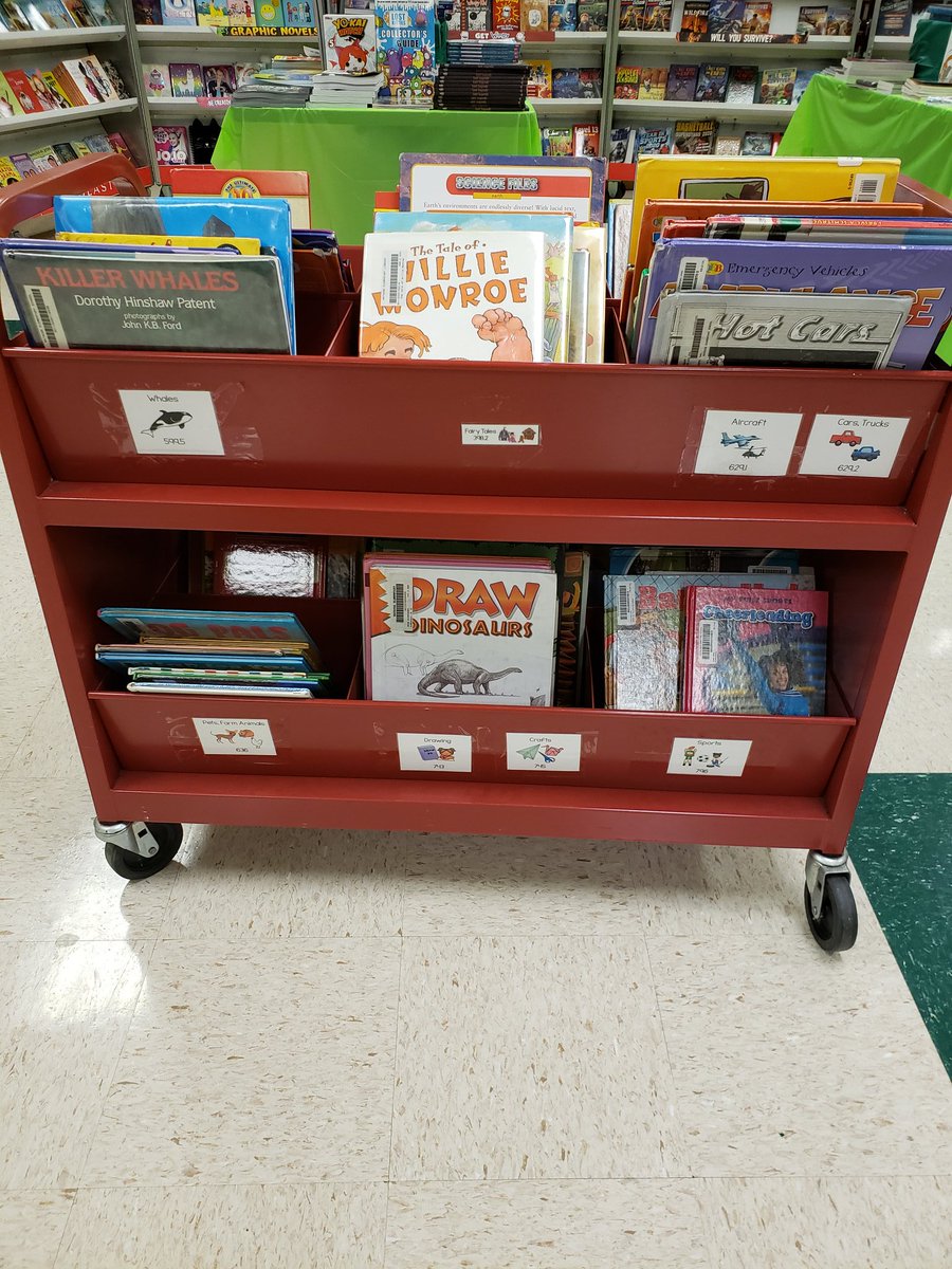 WESWildcatLib's tweet photo. @librariangreene @kellylibrarian1 @AKLibraryChick @JenniferLDoty @romenendez14 @Cindybailey1 @shannonmmiller I took pictures yesterday and then forgot to post them. 🤦🏼‍♀️This cart is very popular with my K-5 students! I ran a report in Destiny to find the most popular NF categories.  I change the categories as the interests of my students change or to highlight a different category. https://t.co/YRJ6Hf9of5
