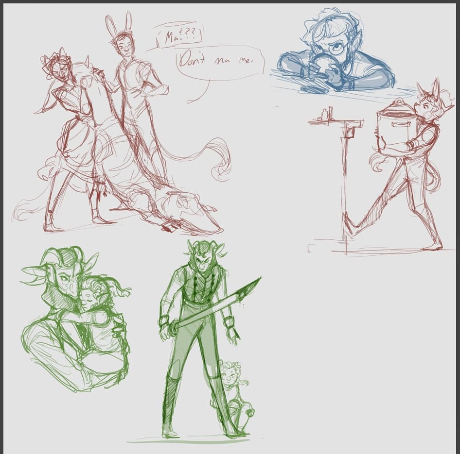 HEY if you struggle w/ "i want to draw my oc but I can't think of what they are doing", I've got a personal game that helps me. 

I grab prompt lists, make a sticky note of ocs in a list, and use a number generator on both. 

Helps me get going and to figure ocs out a little more