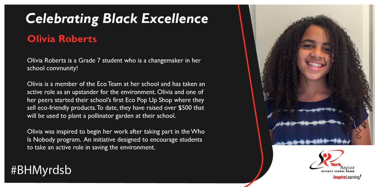 YRDSB's tweet photo. Meet Olivia!
Olivia is a changemaker and friend of the environment!
Olivia and a friend started their school's first Eco Pop Up Shop where they sell eco-friendly products. To date, they have raised over $500 to buy a new pollinator garden at their school! #BHMyrdsb #BeyondBHM https://t.co/MSHIyDsLzi