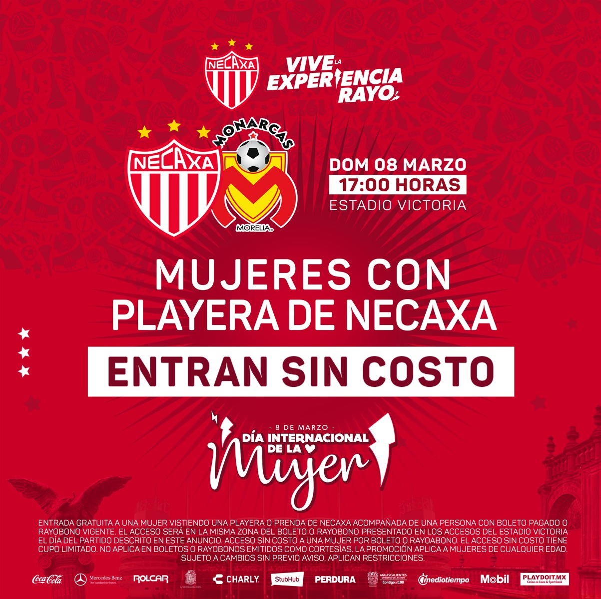 Club Necaxa on X Este domingo 08 de marzo conmemoramos el DiaInternacionalDeLaMujer y lo hacemos con promocion en el Victoria. Entrada gratuita al NECvsMON para mujeres con playera de Necaxa