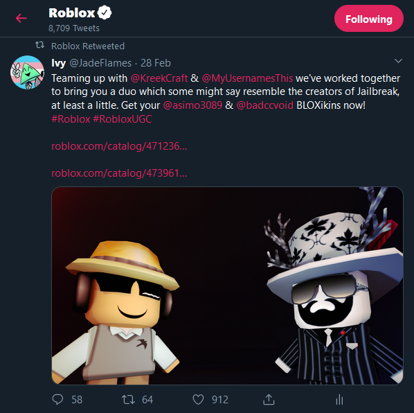 Ivy On Twitter Teaming Up With Kreekcraft Myusernamesthis We Ve Worked Together To Bring You A Duo Which Some Might Say Resemble The Creators Of Jailbreak At Least A Little Get Your - badcc roblox avatar