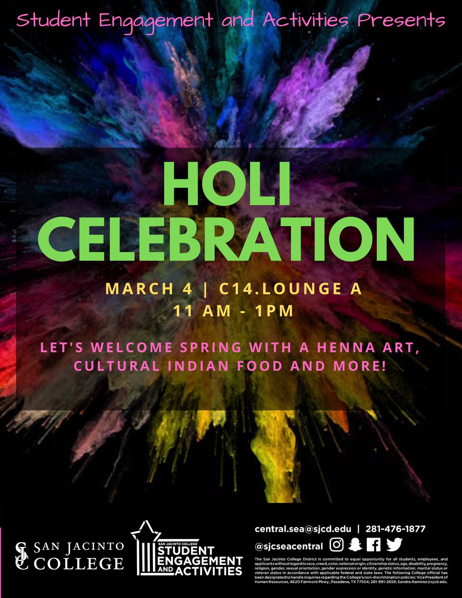 Good afternoon everyone! Today SJCC.Central is hosting the Holi celebration event today, there will be festivities and more! Located in C.14 Lounge A! Have a great day everyone✨