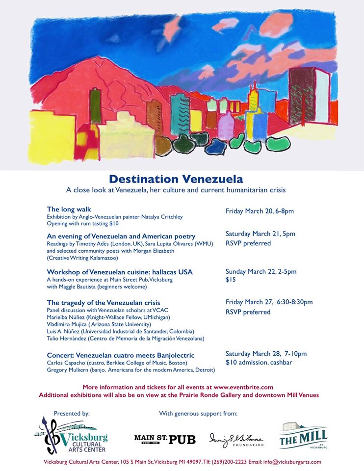 Details on the Vicksburg Cultural Arts Center's Destination Venezuela event series coming up at the end of the month! #VicksburgMill #Michigan