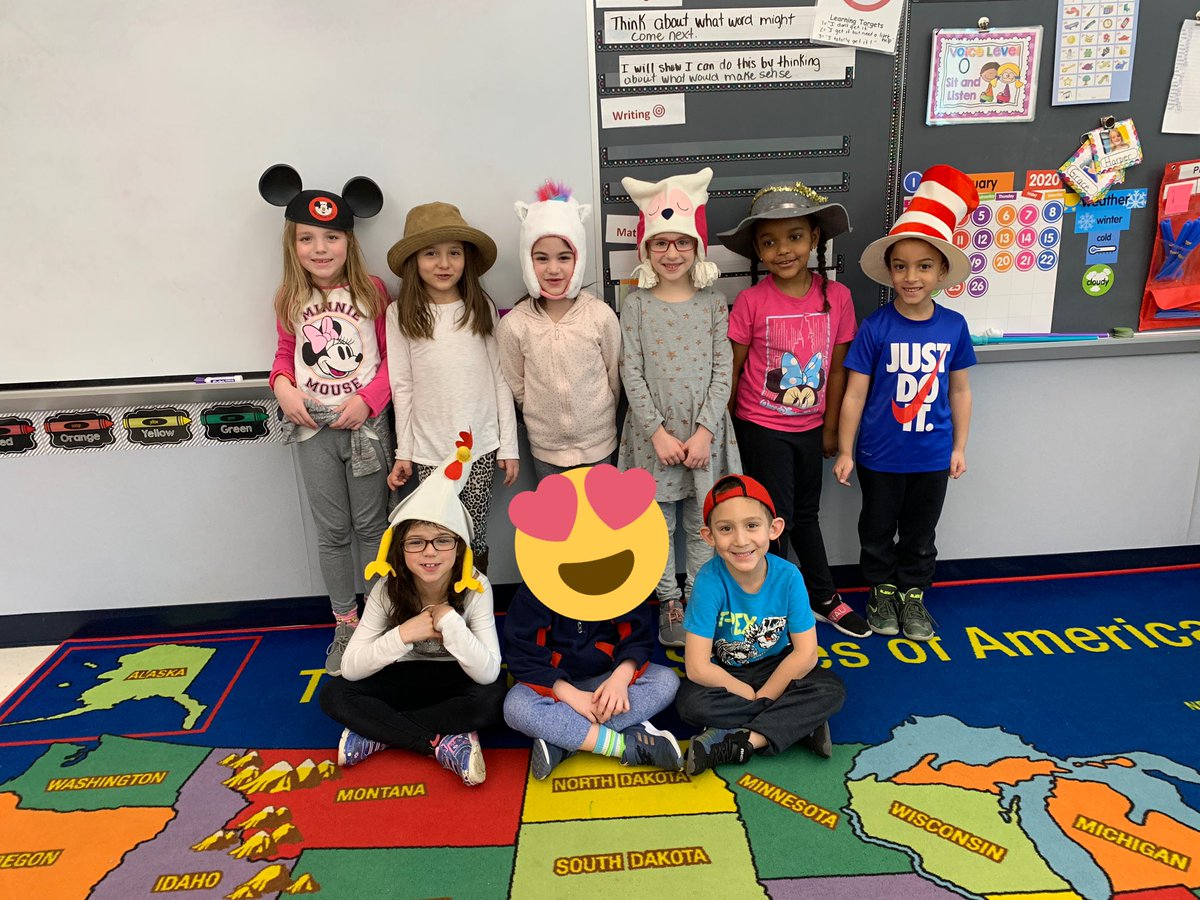 MrsMancl's tweet photo. Crazy hat day was lots of fun! We made up our own rhyming words and had a visit from Thing 1 and Thing 2! #manclmusketeers #ReadAcrossAmerica #crazyhatday https://t.co/YumGdwLBAL