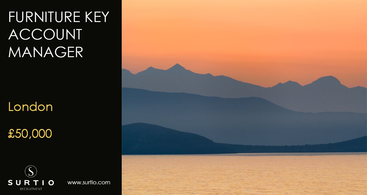 New job: Key Account Manager at a furniture manufacturer in London - salary £50,000 - to apply just call the office (020 8361 2157) or send an email (info@surtio.com) - read more here: ow.ly/qCKr50yCUZs

#Jobs #Londonjobs #Salesjobs #Furniture #Design