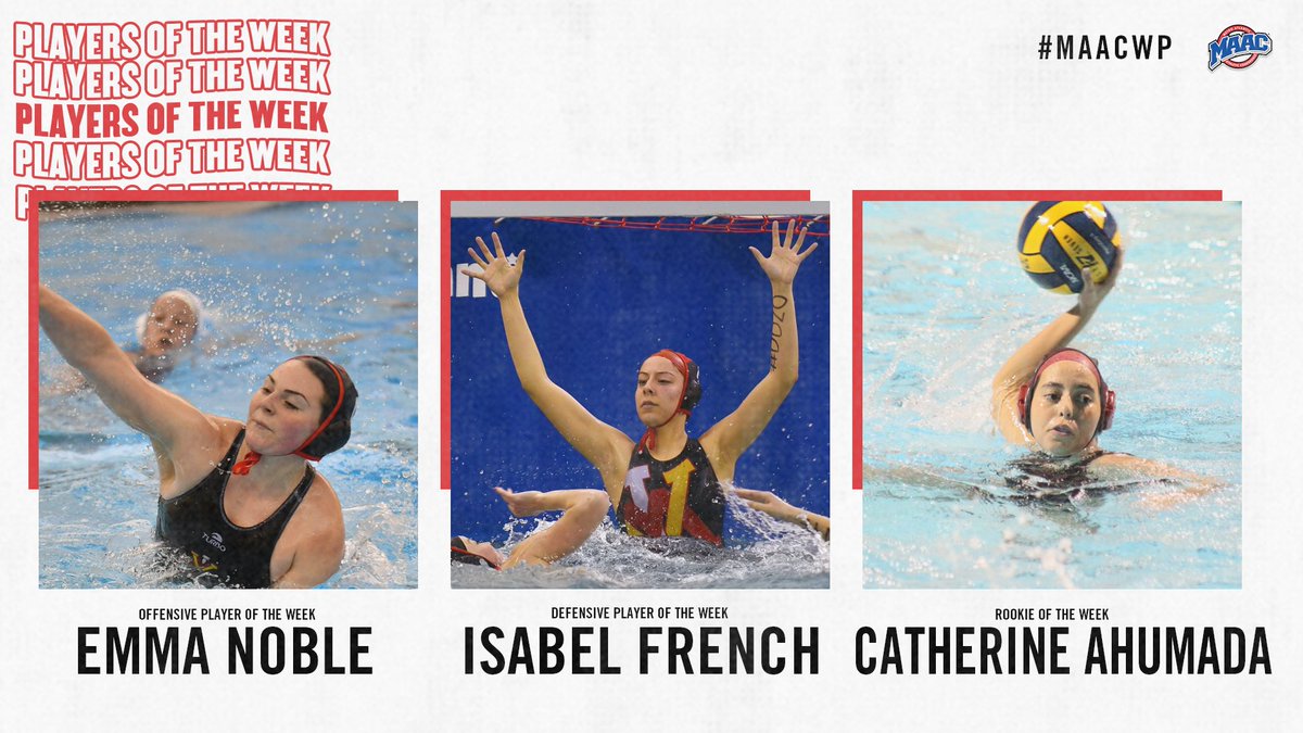 MetroConfSports's tweet photo. This week's #MAACWP Weekly Award winners 

Offensive: Emma Noble, @VMIWaterPolo 

Defensive: Isabel French, 
@VMIWaterPolo
 
Rookie: Catherine Ahumada, @VMIWaterPolo

📰: https://t.co/HmQKx5fCzB https://t.co/2C3VizCshO